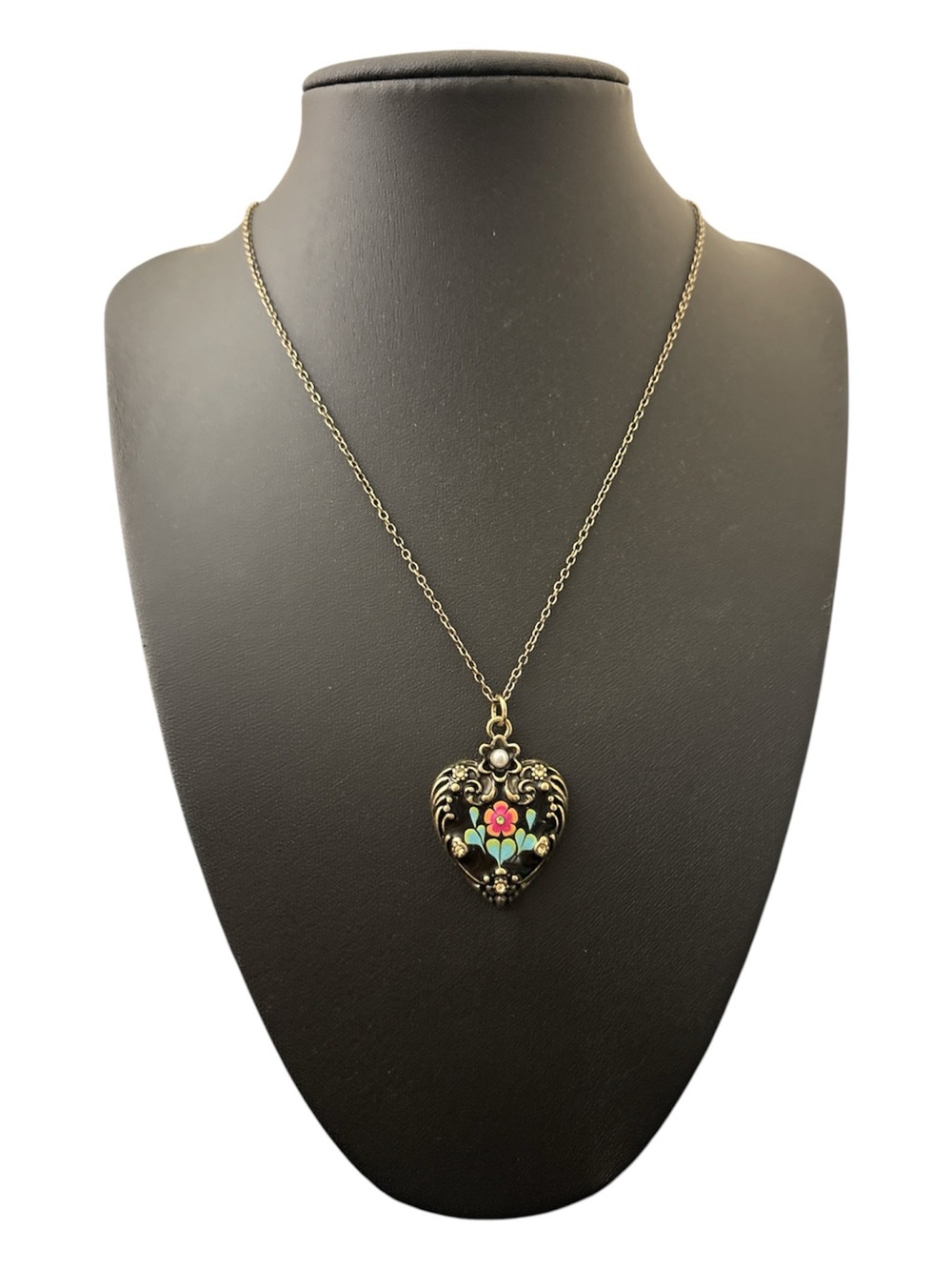 Handmade Enamel Floral Heart Pendant Necklace on Antique Style Gold Chain